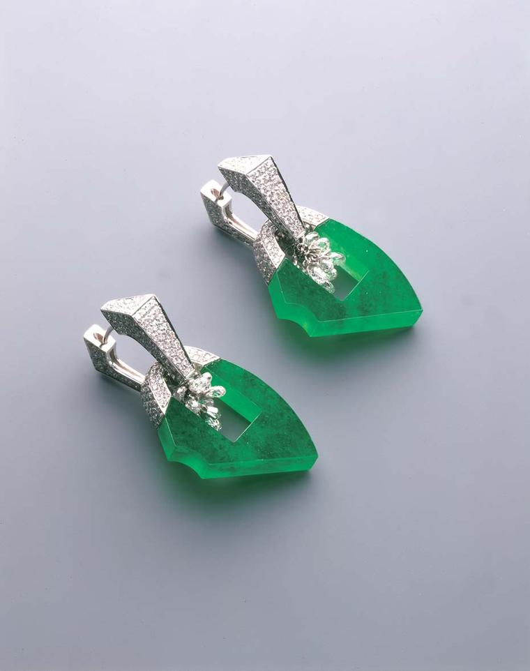 Samuel Kung's dainty, rough hewn jadeite earrings with pavé-set diamonds and briolettes.